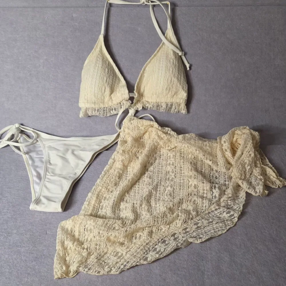 CUPSHE Cream 3 Pc Swim Set Women's Size XL Triangle Bikini Tie Side Cover Up NWT